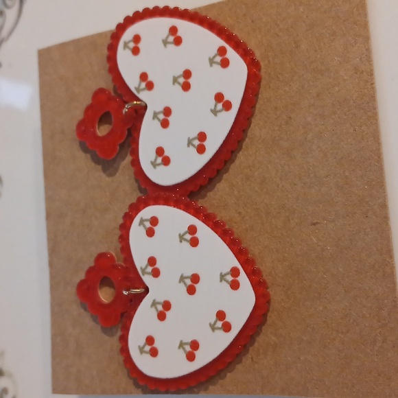 Jewelry - 109-  Laser Cut Acrylic Dangle Earrings- Red And White Cherry Hearts